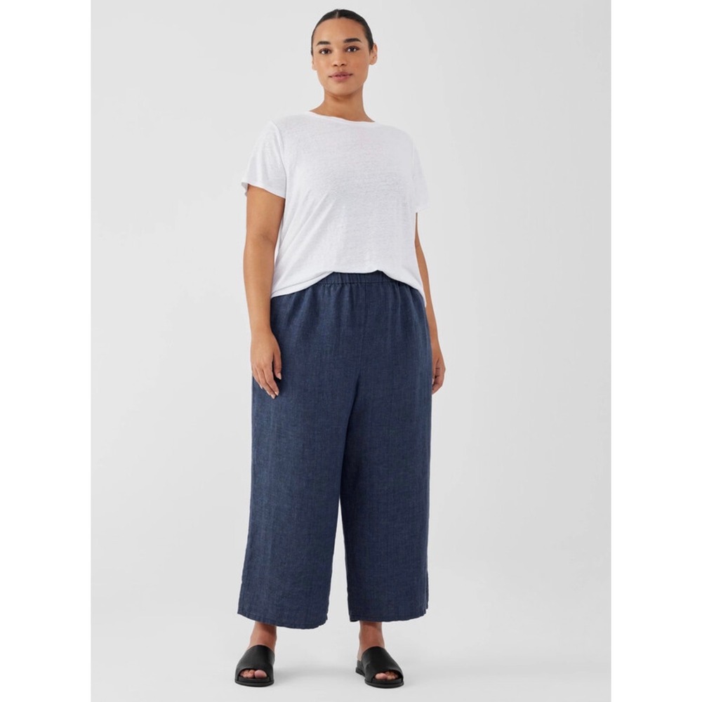 Eileen Fisher Washed Organic Linen Delave Wide Leg Pants Dusk Blue 3X